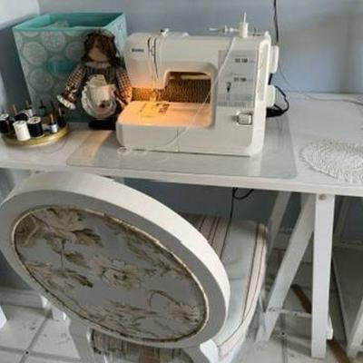 Sewing Table (46x24x30") and Chair, Kenmore Sewing Machine (Tested and Works) & Other Sewing Supplies