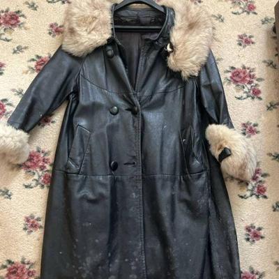 Black leather fur lined coat size large