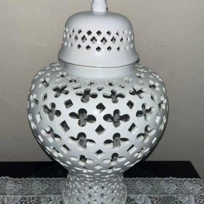 Pier1 13" High Glossy White Stoneware Urn Jar with Lid
