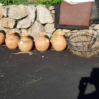 Terra Cotta Hanging Planters x5 And Wire Baskets