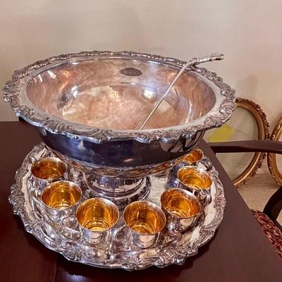 Silver plated punch bowl, ladle , underplate and punch cups