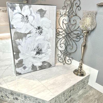Lot of Three Decor Items in Silver Tones - Framed Canvas Art, Metal Wall Decor, & Tall Candle Holder