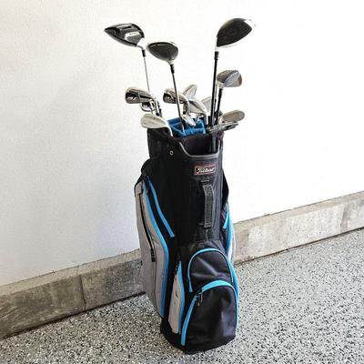 Titleist Golf Bag with Assorted Golf Clubs, Many Titleist Brand