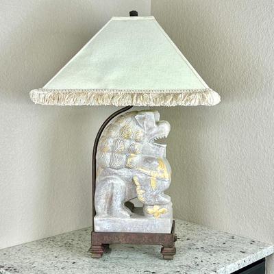 Impressive HEAVY solid (Stone or Ceramic)? Asian Style Dragon Table Lamp Sitting in an Iron Base w/ Fringed Shade