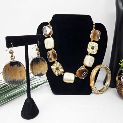 Statement Necklace, Bracelet and Earrings in Gold & Brown Tones