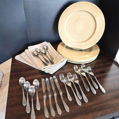 Place Setting for Four - Pier 1 Chargers in Beige Tones - Napkins & Four ( 5-pc) Place Settings of Knork Flatware.