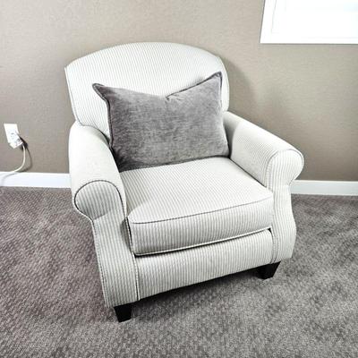  Upholstered Arm Chair, Off-White with Gray Pin-Stripes w/ Gray Velvet Throw Pillow (Two Available/Sold separately)