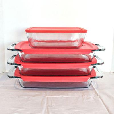 Set of Four Pyrex Baking Dishes with Red Lids - Four 9 x 13s and Smaller 6 x 8Â 