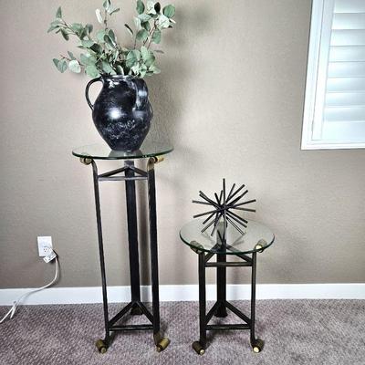 Set of Two Impressive Plant Stands/Tables Heavy Solid Wrought Iron Base w/ Gold Painted Legs & Glass Top