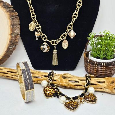 Betsey Johnson Leopard Charm Bracelet, Gold Tone Bangle Plus Ann Taylor Equestrian Theme Charm Necklace.