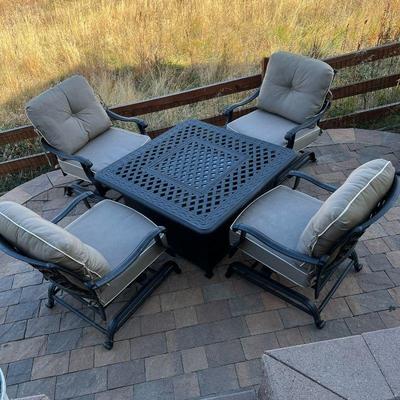 5pc Outdoor Patio Set with Fire Pit- Table, 4 Armchairs with Sunbrella Cushions