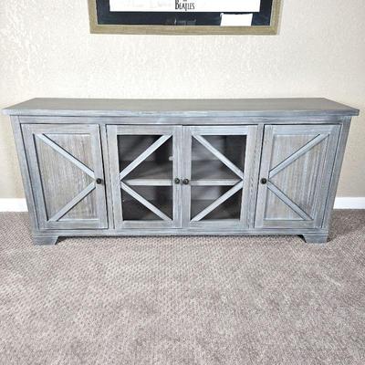  Farm House Style Gray-ish/Blue Painted TV Console Entertainment Cabinet with Glass Doors