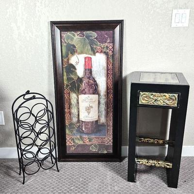 Lot of 3 Items- Bohemian Style Black Lacquered Occasional Table w/ Drawer, Wine Wall Art, & Wine Rack
