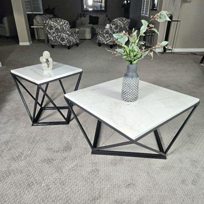 Set of Coffee Table & End Table w/ White Marble Veneered Tops & Geometric Gunmetal Brushed Iron Legs