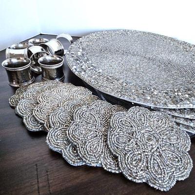 Sparkly Set of Table Dressings - Silver Beaded Round Placemats from Pier 1, Eight Beaded Coasters & Rings