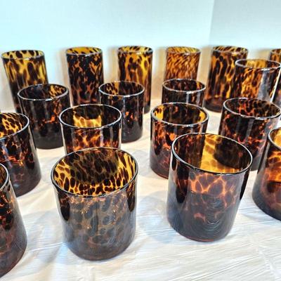 Set of Tall and Short Hand Blown Tortoise Shell Drinking Glasses From Pier 1 - Ten Tall and Eleven Short