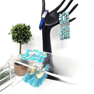 Lot of Three Bracelets and One Pair of Earrings in Blue / Turquoise and Silver Theme (One Alexis Bittar)