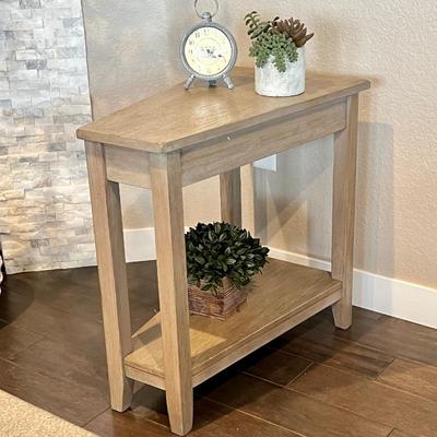  Triangular Shaped End Table with Two Small Faux Plants and small Clock