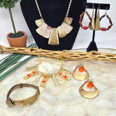 Gold and Brass Tone Jewelry Assortment - Two Statement Necklaces, Three Earrings and Brass BraceletÂ 