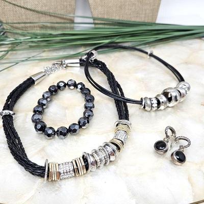 Set of Black and Silver Jewelry - Chico's Necklaces, Sterling and Onyx Earrings & Black Bangle Bracelet