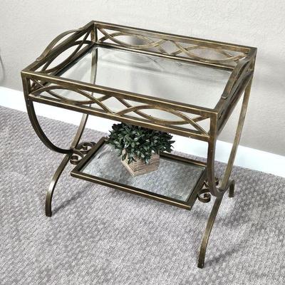 Hollywood Regency Style Wrought Iron & Glass, Two Tiered Side Table in Brass Tone - Thick Glass Shelves