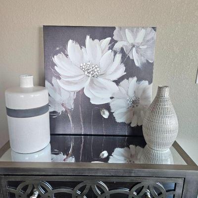 Crate & Barrel White Ceramic Vases Plus Floral Wall Art 24