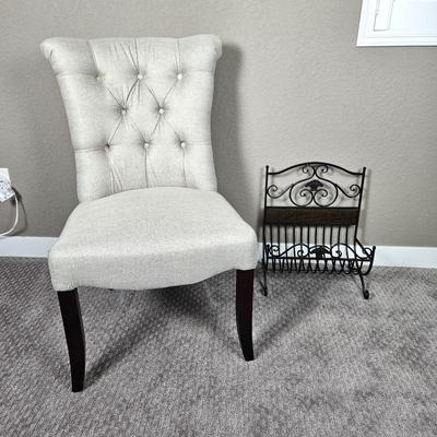 Pier 1 Upholstered Accent Chair with Tufted Back & Silk- Like Woven Fabric Plus Wrought Iron Magazine Holder