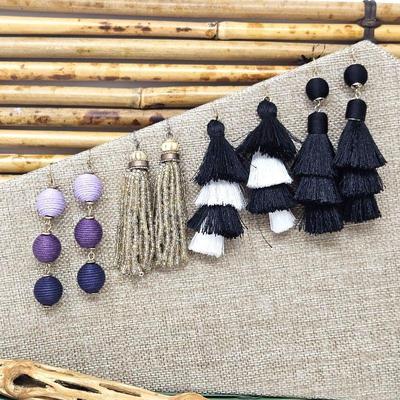  Four Pair of Long Statement Earrings - Black & White Tassels, Beaded Strands and Spheres in Purple Thread. 