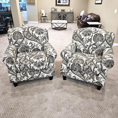 Set of 2 Upholstered Arm Chairs in Black and White Paisley Print - Excellent Condition
