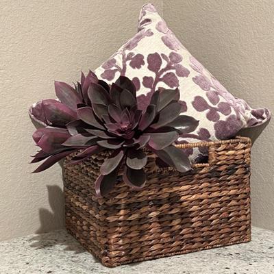  Beautiful Custom Made Throw Pillow w/ Purple Velvet Floral Design, Long Stems w/ Purple Succulents, Wicker Basket