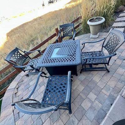 5pc Outdoor Patio Set with Fire Pit- Table, 4 Armchairs with Sunbrella Cushions