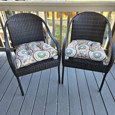 Set of Two Quality Construction Wicker-Look Patio Chairs - Brown Color with Thick Seat Cushions