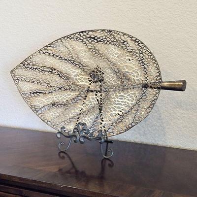  Pretty & Large Footed Leaf Platter / Decor in Various Shades of Metals, Silver and Brass Tones Shown on Easel