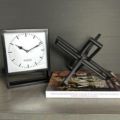 Lot of Three Contemporary Decor Items- Abstract Metal Decor, Metal Mantle Clock, Coffee Table Book