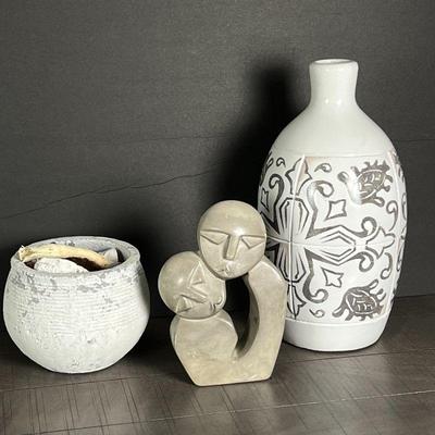  Lot of Three Decor Items- White & Gray Ceramic Vase, Ceramic Bowl, & Carved Stone Figurine