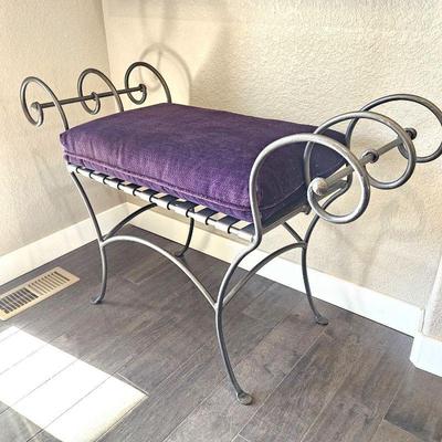  Wrought Iron Scrolled Sitting Bench with Eggplant Purple Seat Cushion - 44
