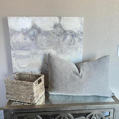  Lot with Gray & Cream Contemporary Canvas Wall Art, Gray Lumbar Pillow and Wicker Basket