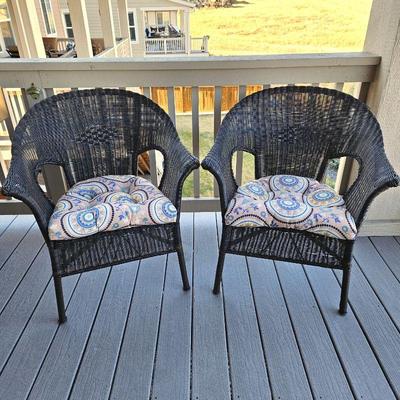 Set of Two Quality Construction Wicker-Look Patio Chairs w/ Wing Back - Brown Color with Thick Seat Cushions