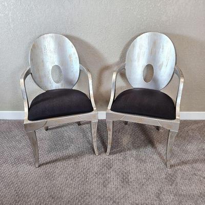 Two Contemporary Wood Arm Chairs from Denver Design Center w/ Black Upholstered Seat- Silver Tone