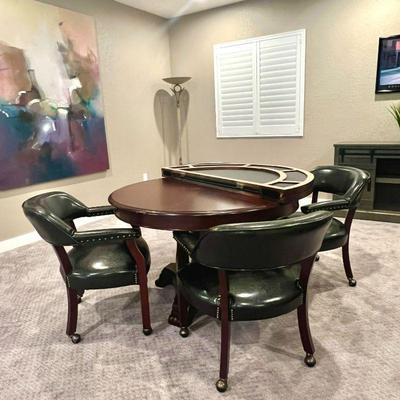  Wooden Round Pedestal Card Table w/ Removable Poker Topper Includes Four Leather Club Chairs