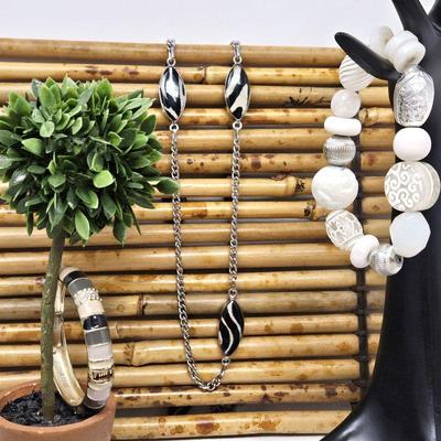 Chunky Bracelet in Unique White Beads, Plus Chico's Leopard Beaded Necklace & Enameled Bangle Bracelet.