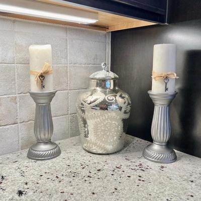 Glass Mirrored Ginger Jar & World Market Ceramic Silver Tone Candle Sticks w/ Candles