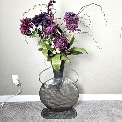 Whimsical Tall Urn Shaped Metal Vase w/ Purple Floral - 34