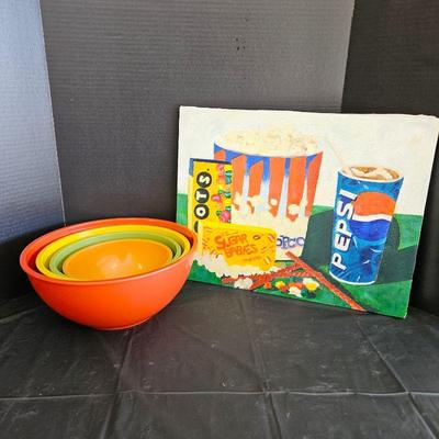 Set of Colorful Martha Stewart Nesting Mixing Bowls Plus a Fun Original Piece of Art Showing Popcorn & Candy