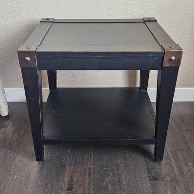 End Table in Dark Wood with Lighter Wood Accents on Corners - Solid Wood w/ Lower Shelf