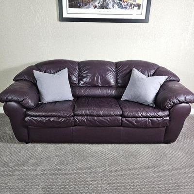 Real Leather Sofa in Eggplant Color w/ Two Lilac Down Feather Filled 16