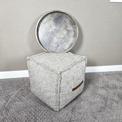 Beautiful Round Pier 1 Gray Driftwood Colored Tray with Carved Floral Pattern Plus Tweed Cube Pouf