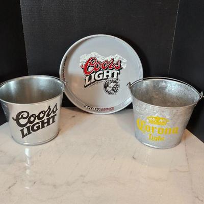 Three Coors Light Branded Bar Items - Metal Serving Tray and Two Ice Buckets with Handles