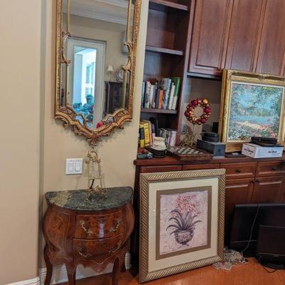 antique end table, artwork,guilded mirror 