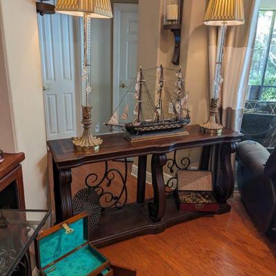 wood side table, clipper ship,crystal lamps